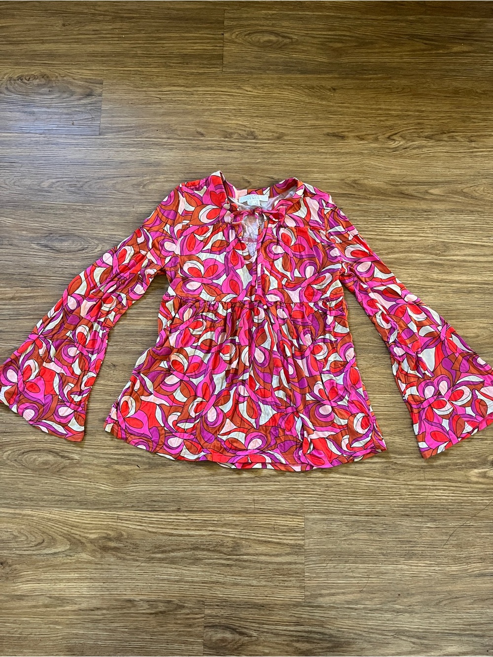 Women’s Retro pink and orange bell sleeve babydoll blouse peasant top Size XS